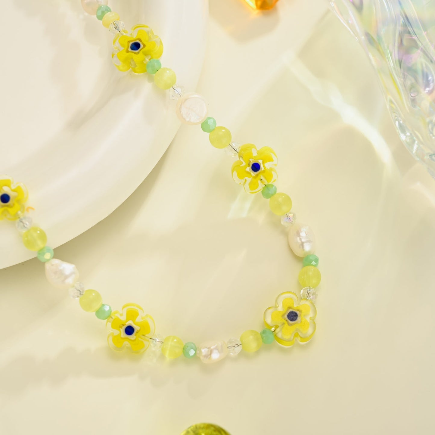 Pearl Yellow Flower Beaded Necklace