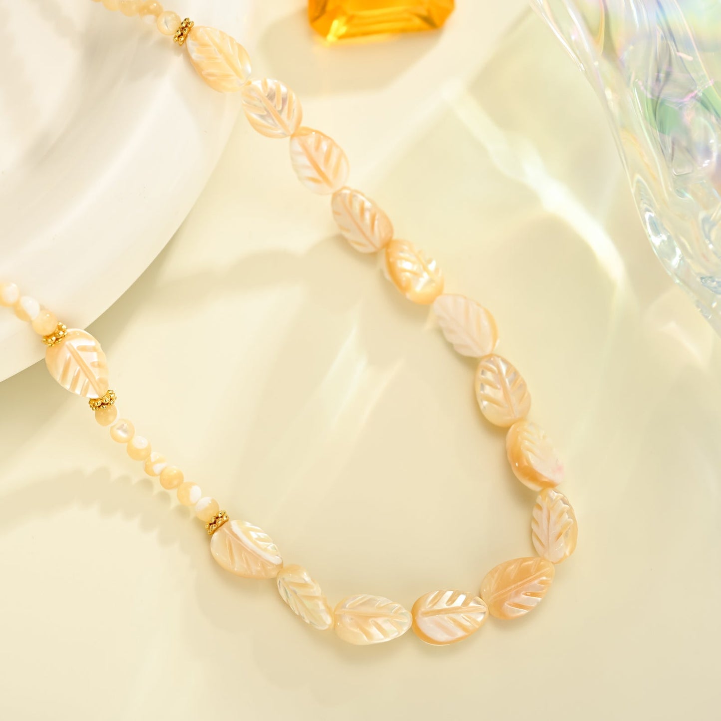Carved Mother of Pearl Leaf Bead Necklace