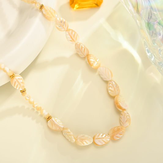 Carved Mother of Pearl Leaf Bead Necklace