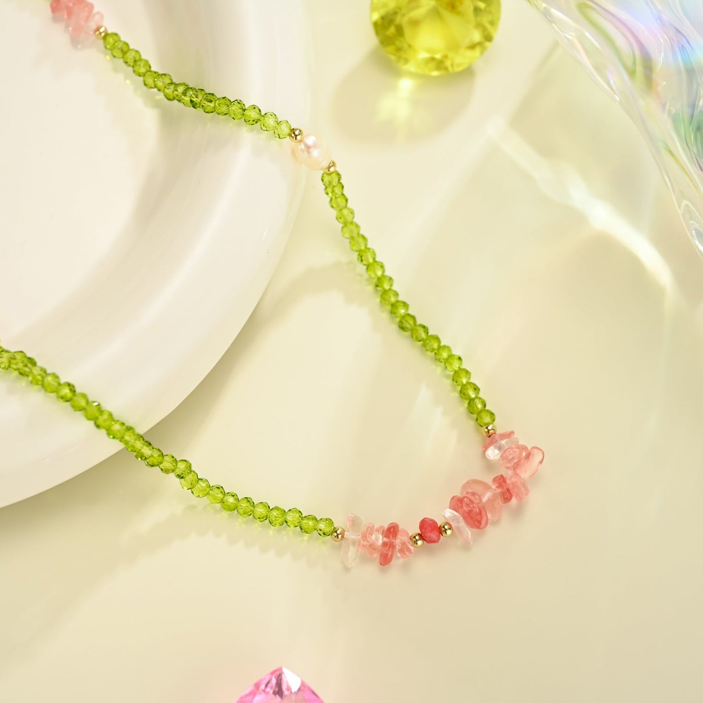 Rose Quartz and Peridot Beaded Necklace