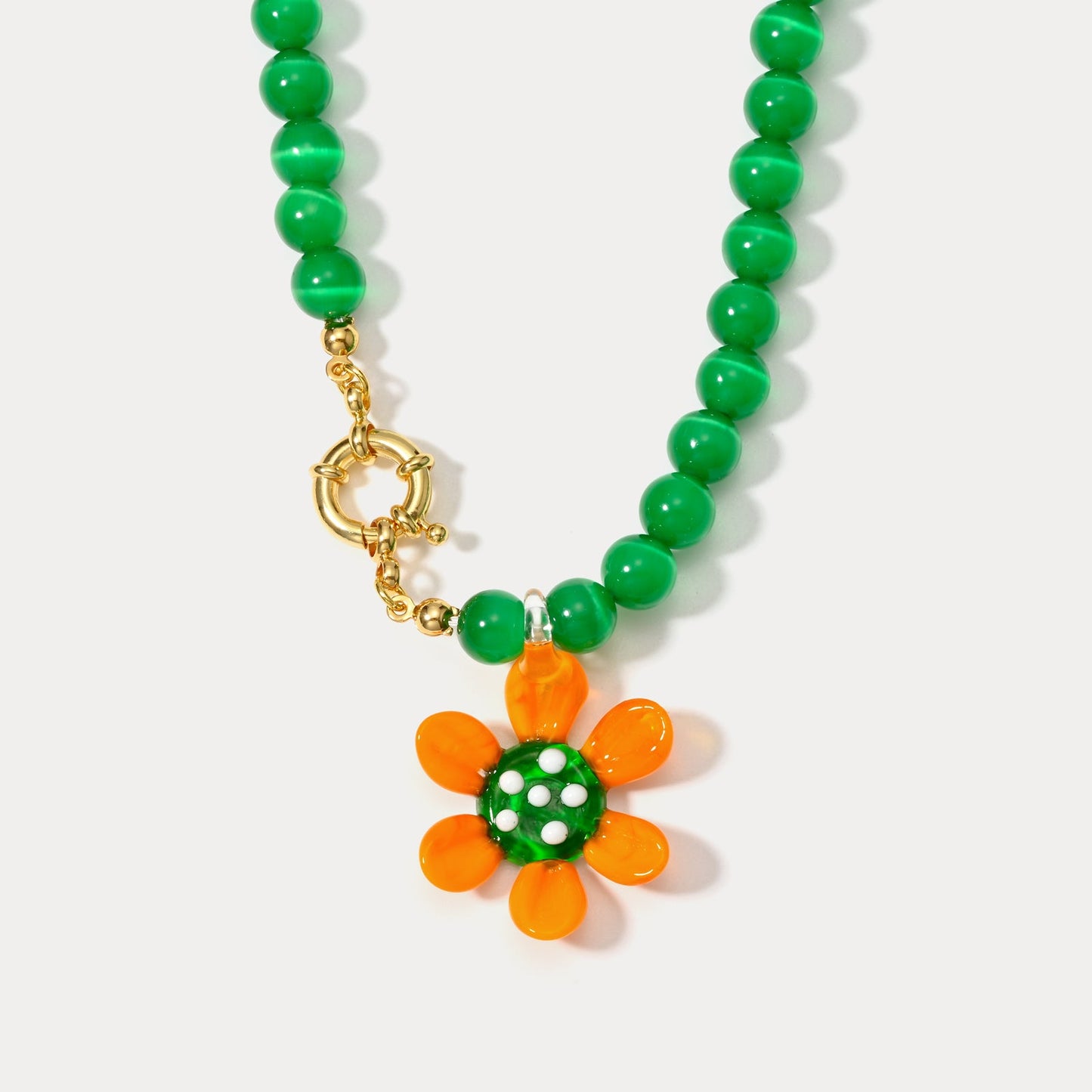 Daisy Flower Cat Eye Stone Beaded Necklace
