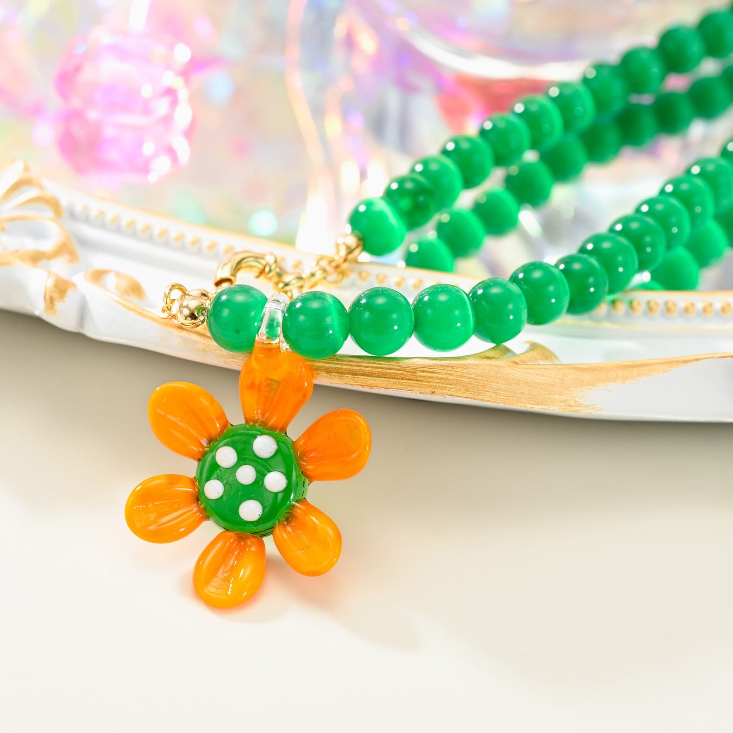 Daisy Flower Cat Eye Stone Beaded Necklace