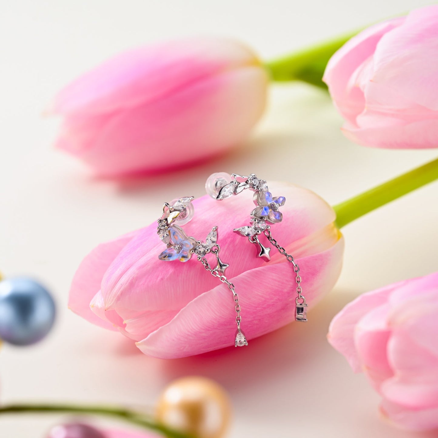 Flower and Butterfly Silver Earrings