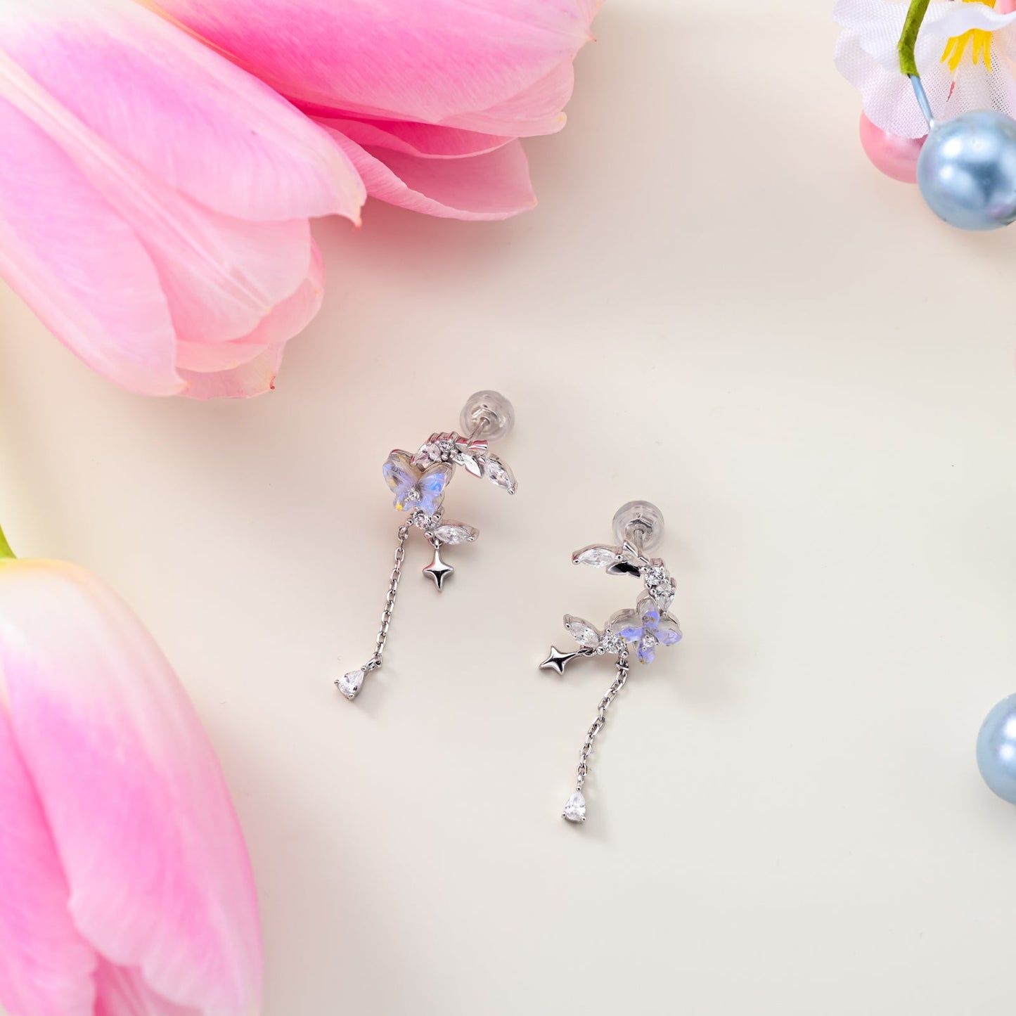 Flower and Butterfly Silver Earrings
