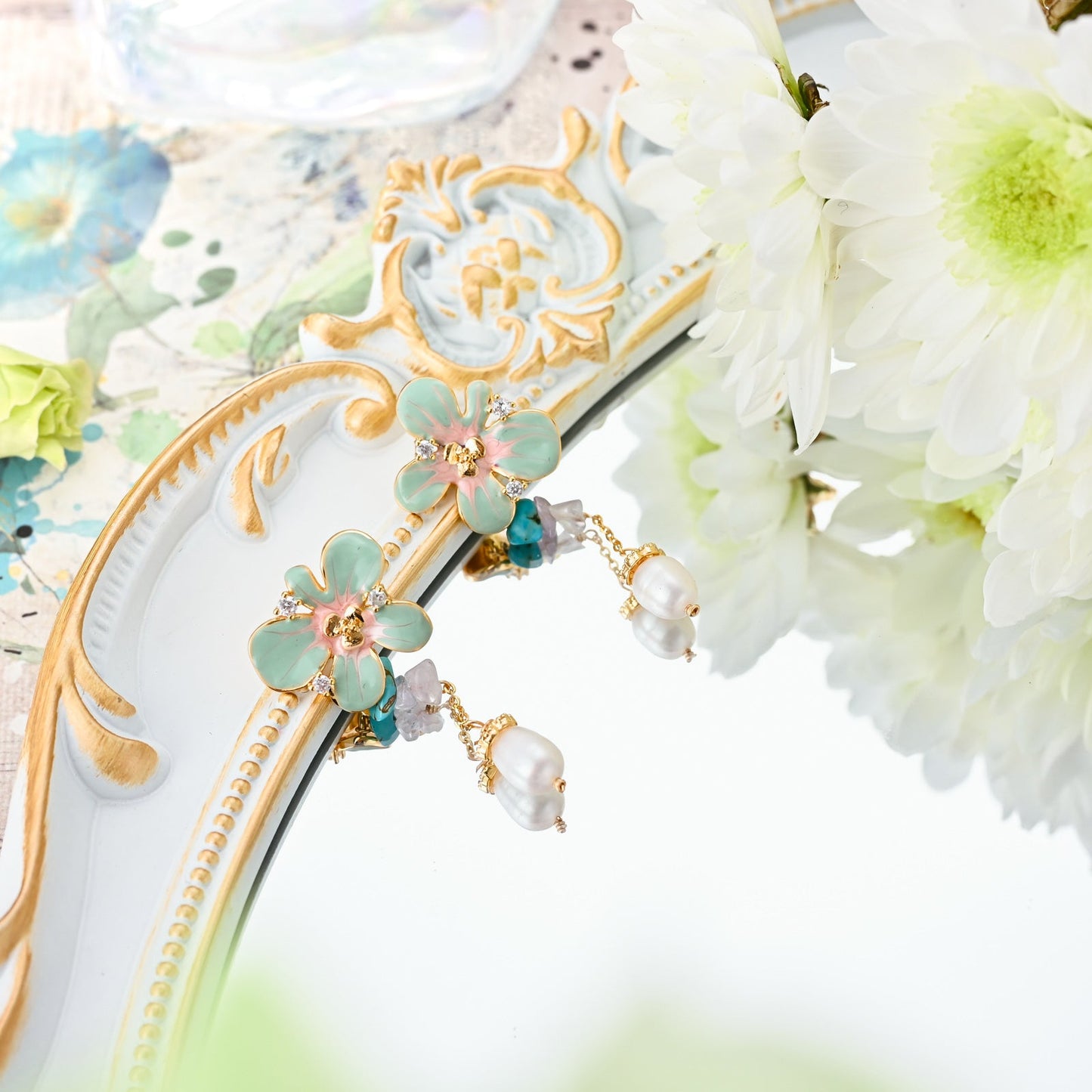 Oil Painting Flower Pearl Earrings