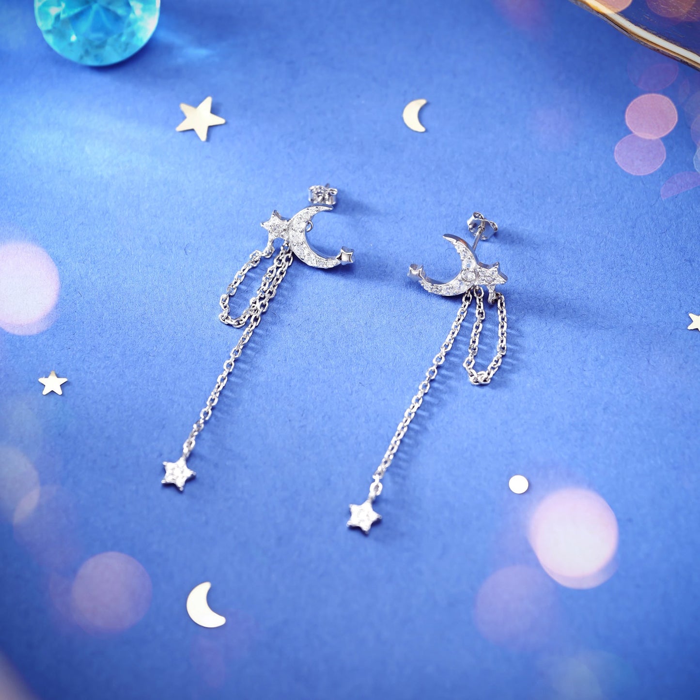 Moon and Star Drop Earrings