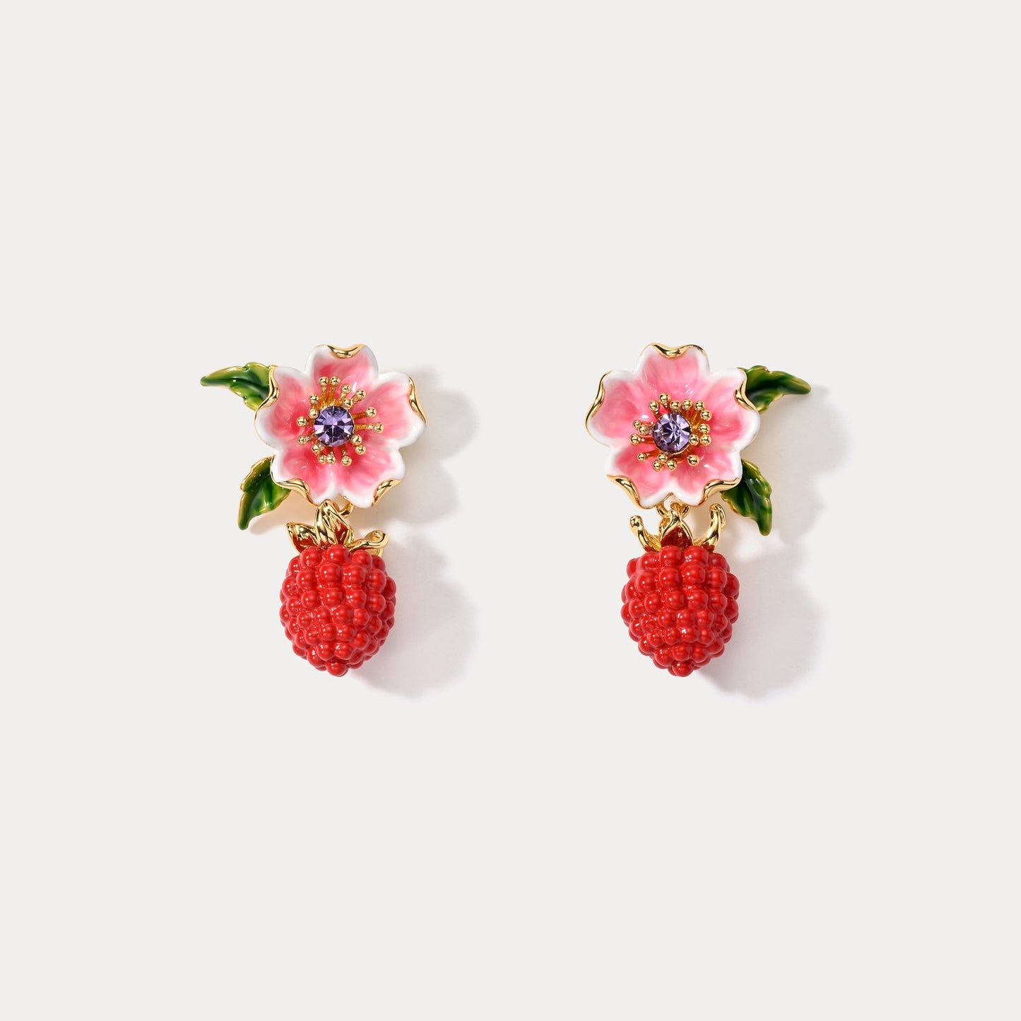 Raspberry Flower Enamel Earrings