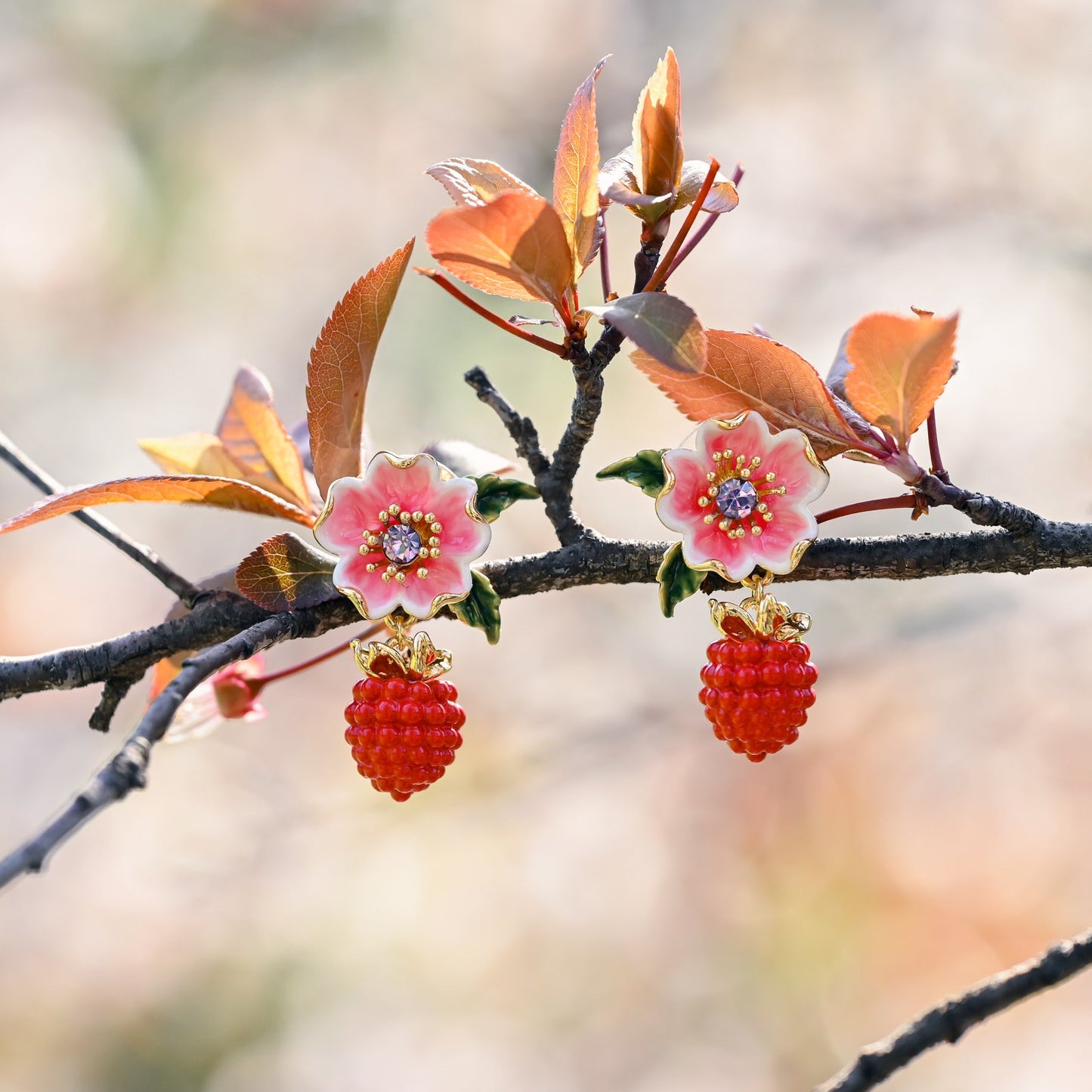 Raspberry Flower Enamel Earrings