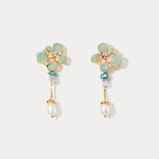 Oil Painting Flower Pearl Earrings