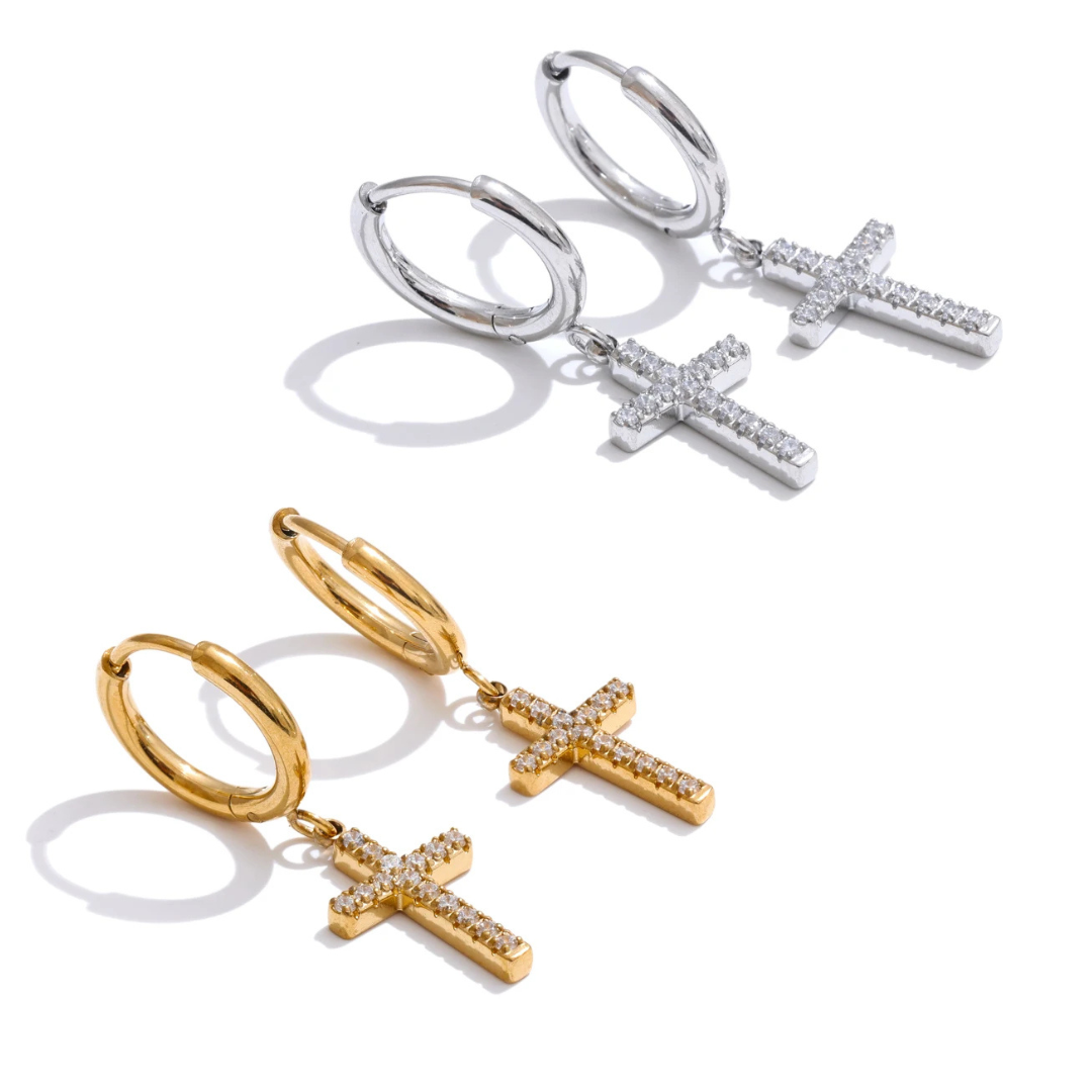 Dainty Cross Earrings Gold / Silver with Crystals