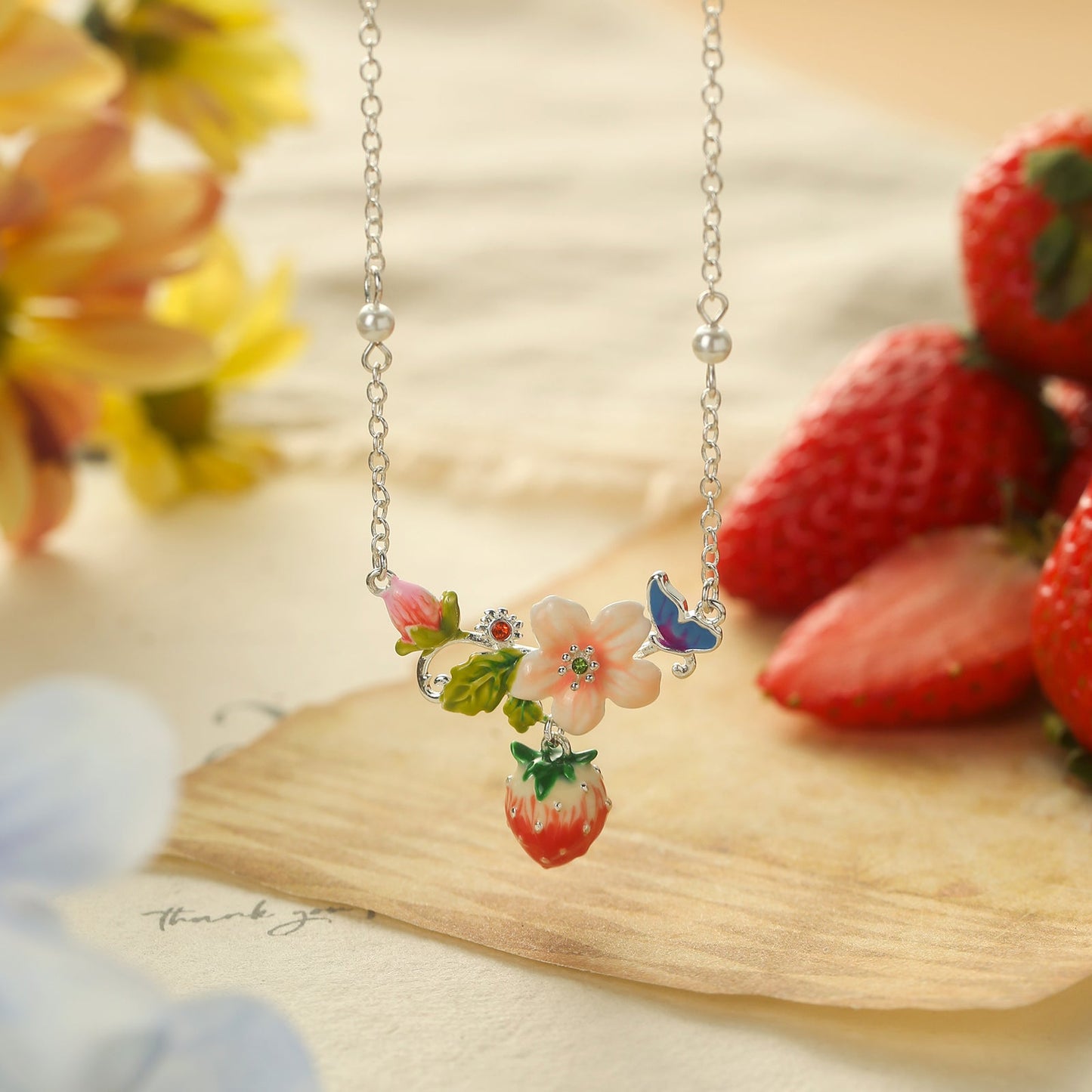 Strawberry Enamel Flower Silver Necklace