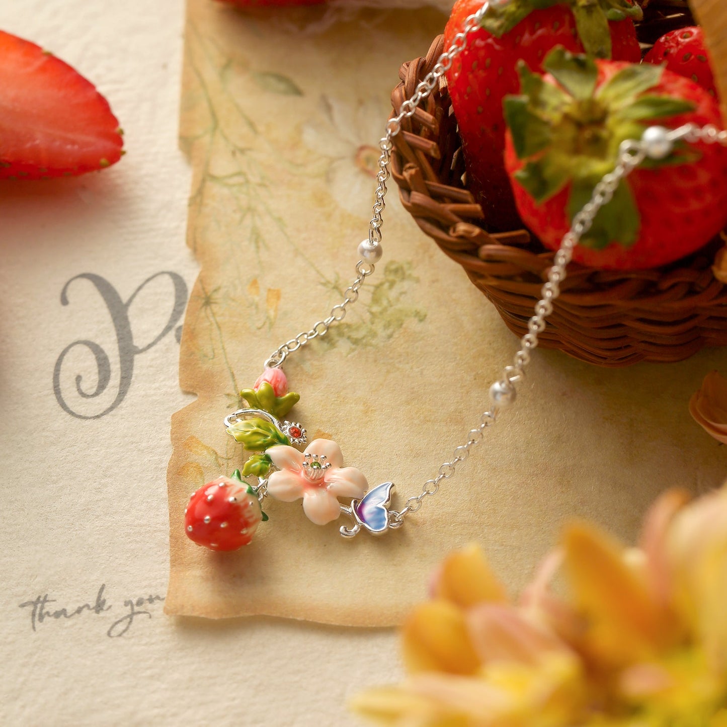 Strawberry Enamel Flower Silver Necklace
