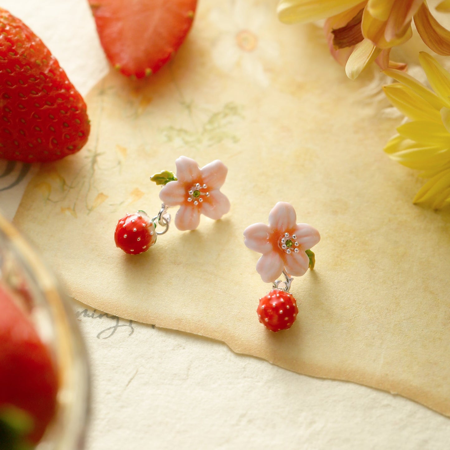 Strawberry Flower Silver Earrings
