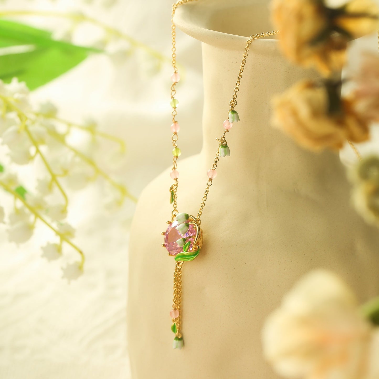 Lily of the Valley Rose Quartz Necklace