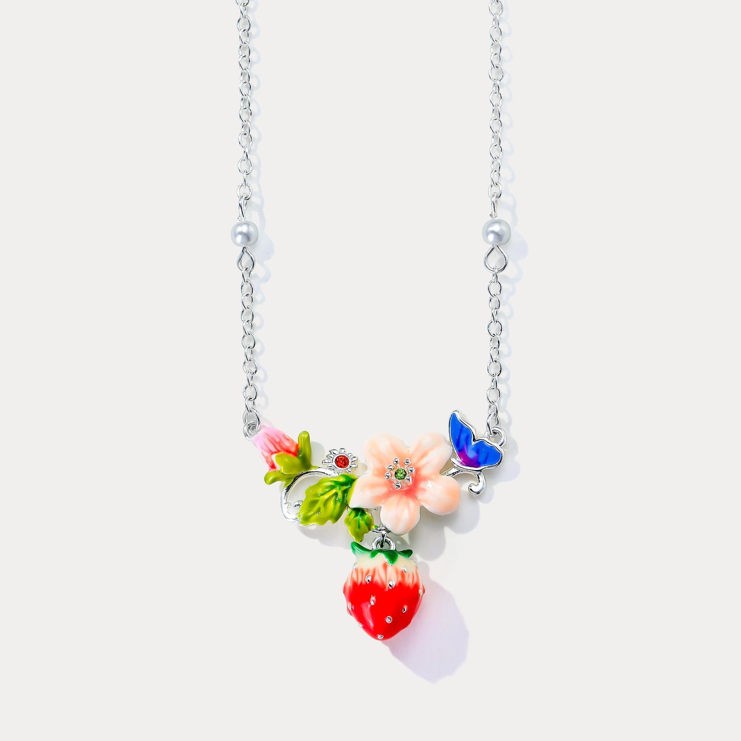 Strawberry Enamel Flower Silver Necklace