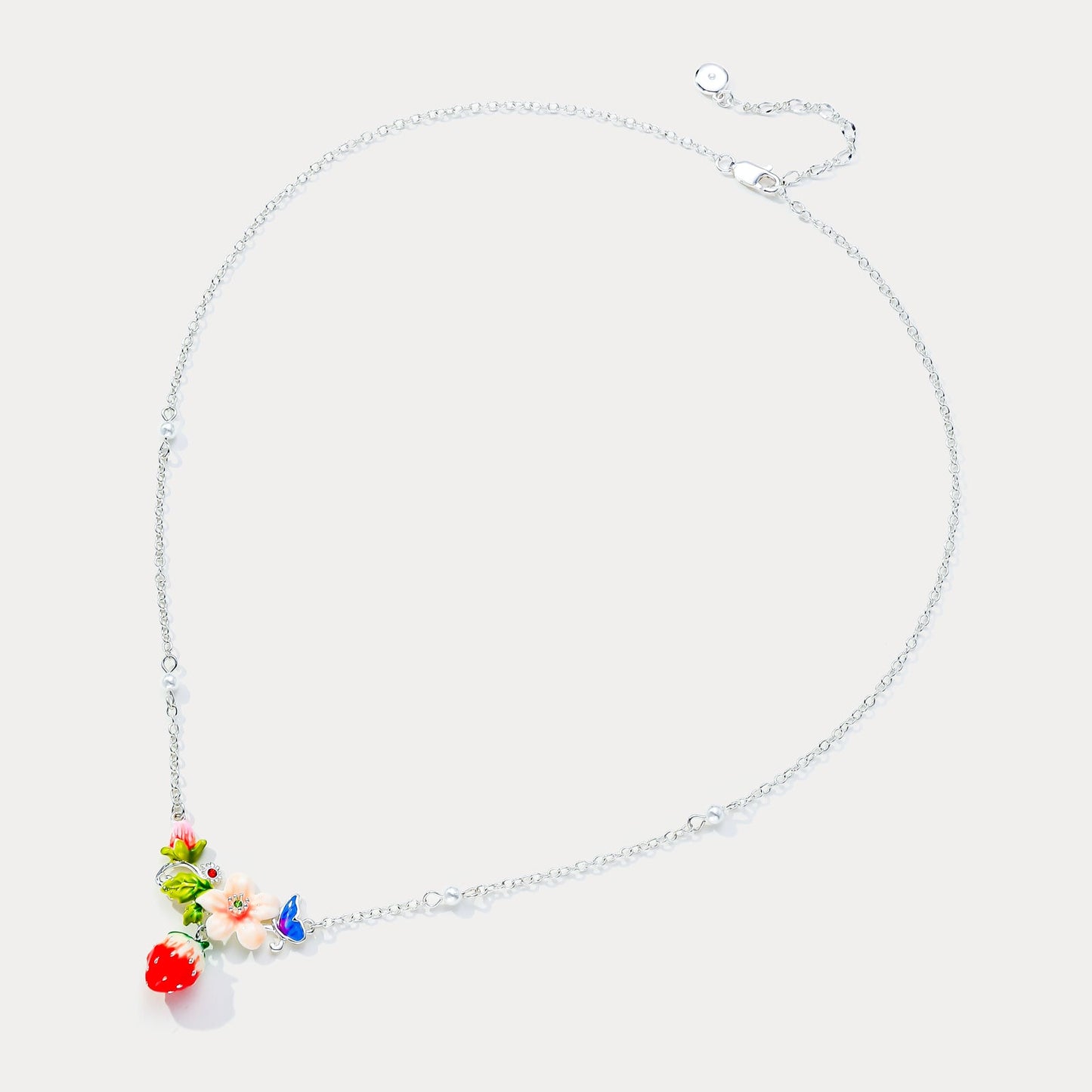 Strawberry Enamel Flower Silver Necklace