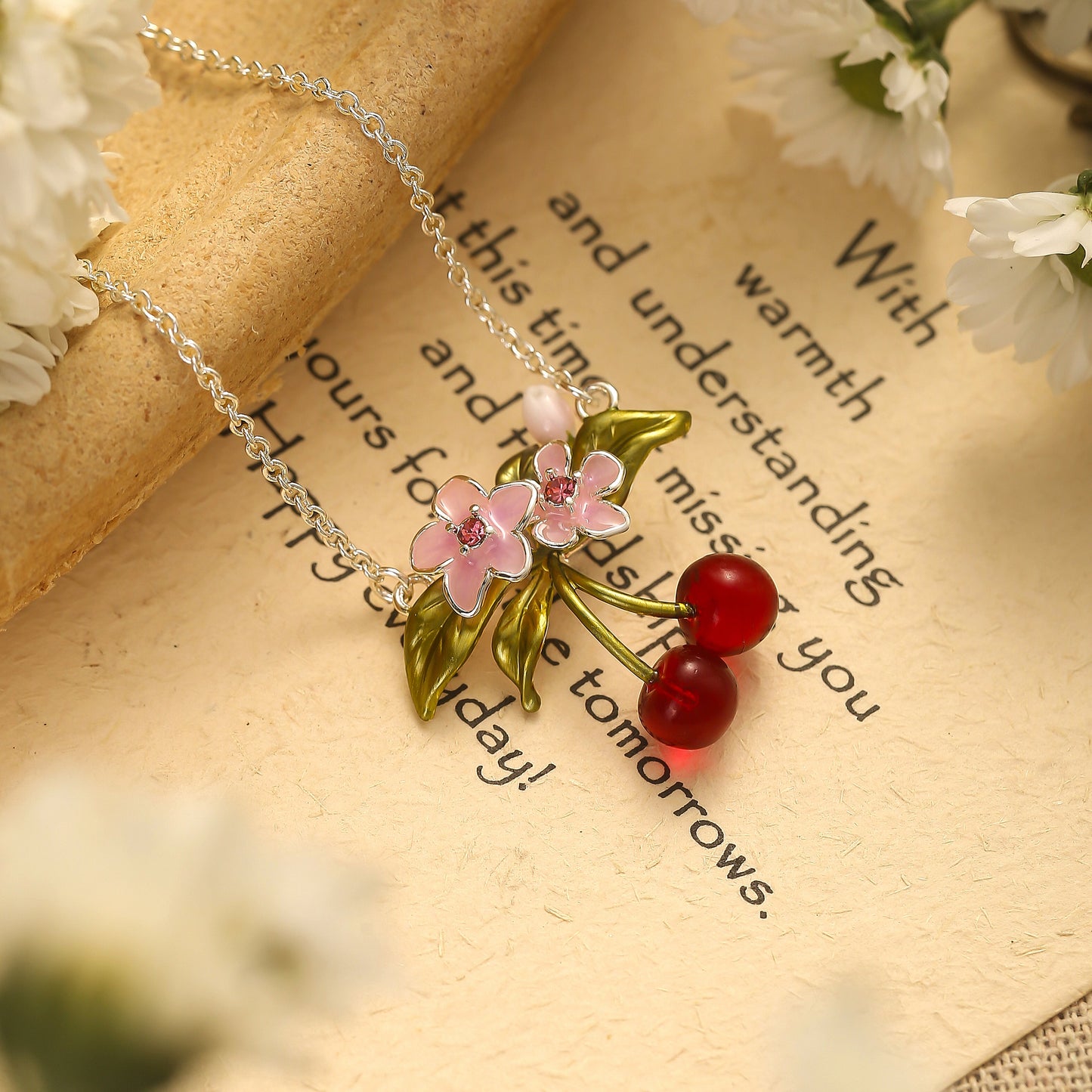 Sliver Flower Cherry Necklace