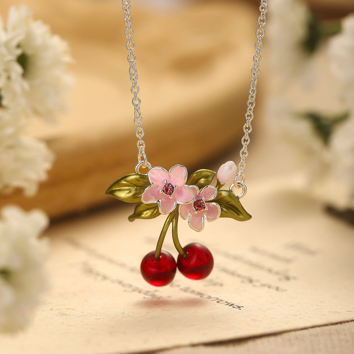 Sliver Flower Cherry Necklace