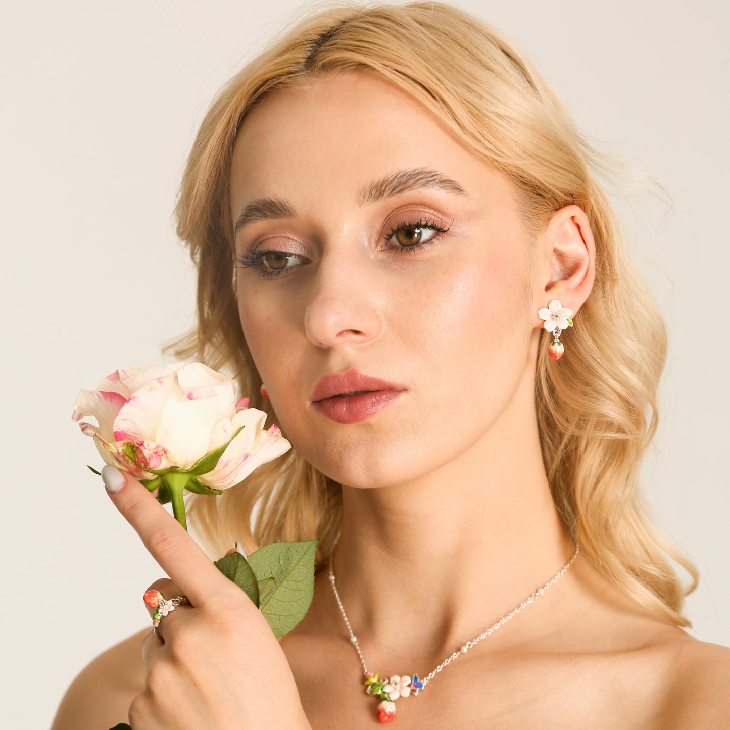 Strawberry Enamel Flower Silver Necklace