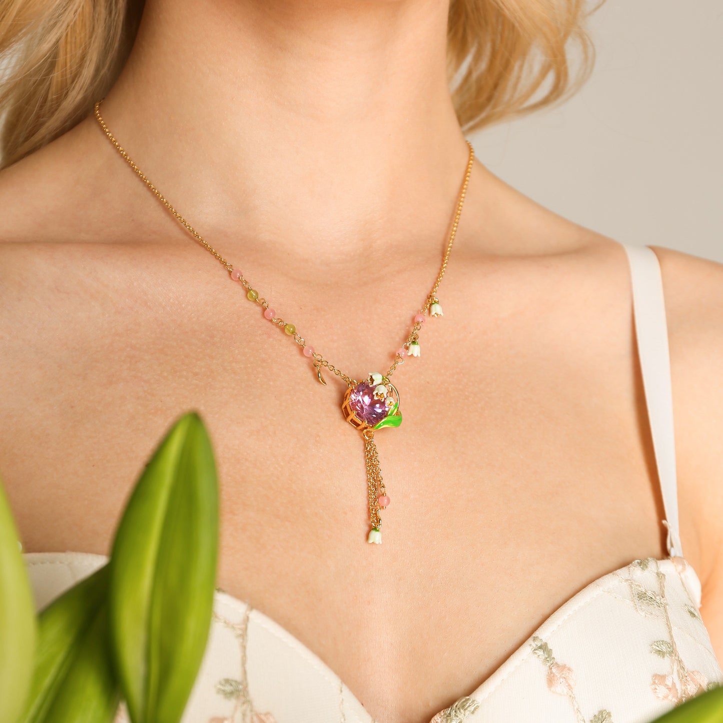 Lily of the Valley Rose Quartz Necklace