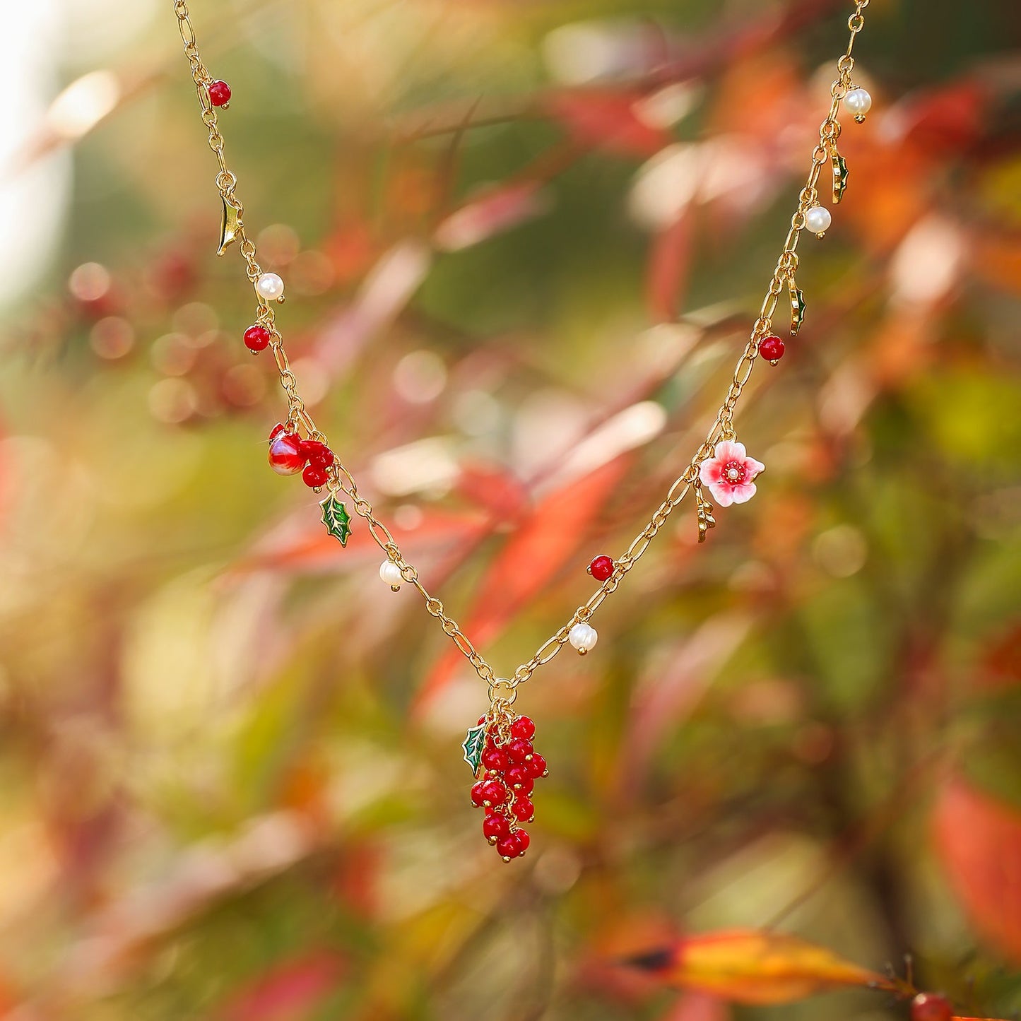 Cranberry & Cardinals Charm Necklace