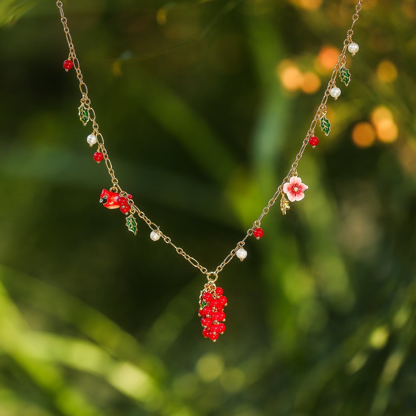 Cranberry & Cardinals Charm Necklace