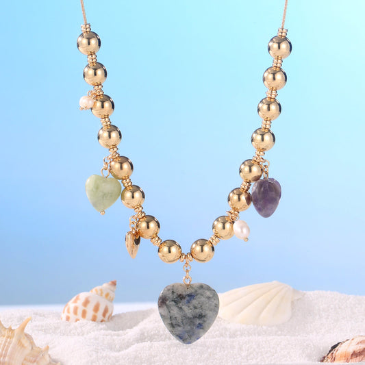 Natural Stone Heart Necklace with Pearl