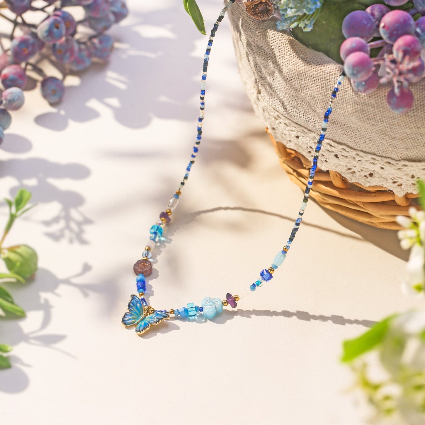 Czech Bead Butterfly Enamel Necklace