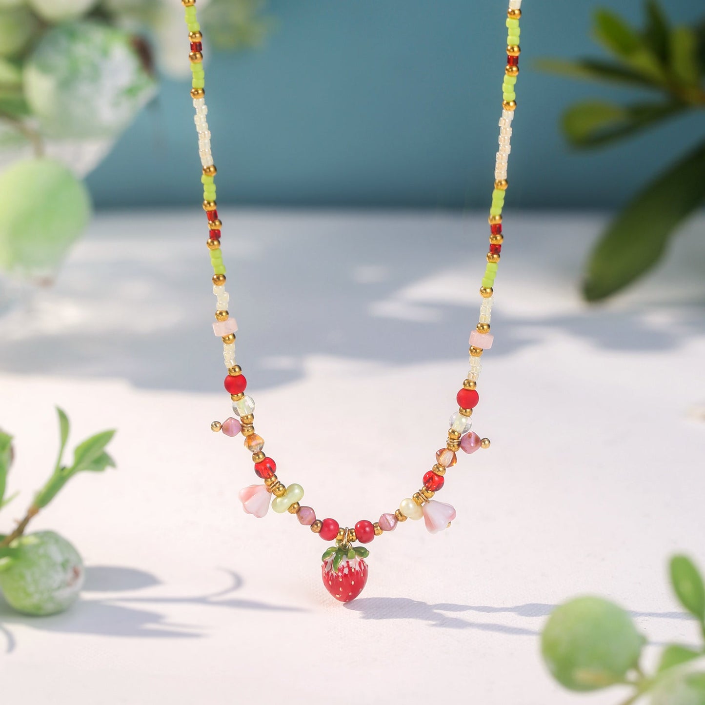 Czech Bead Strawberry Charm Necklace