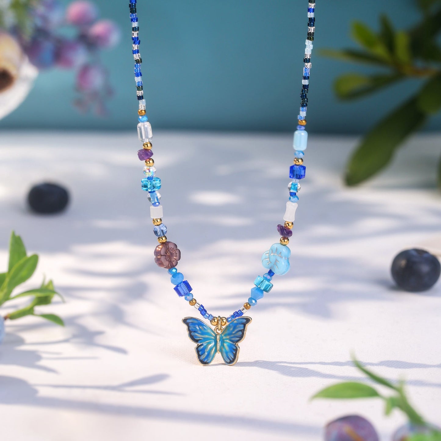 Czech Bead Butterfly Enamel Necklace