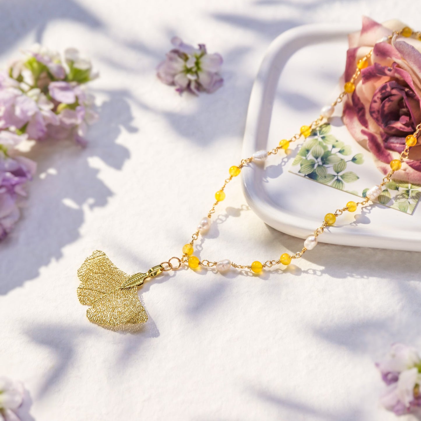 Gold Ginkgo Leaf Bead Necklace