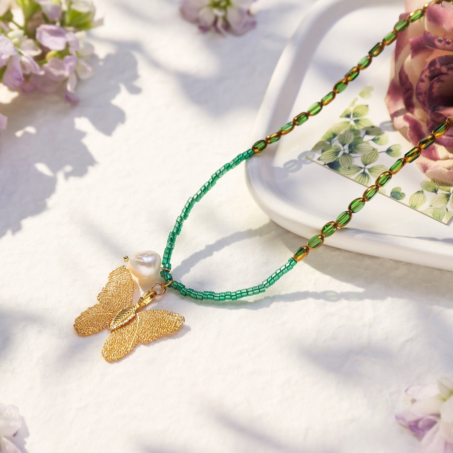 Vintage Gold Butterfly Bead Necklace