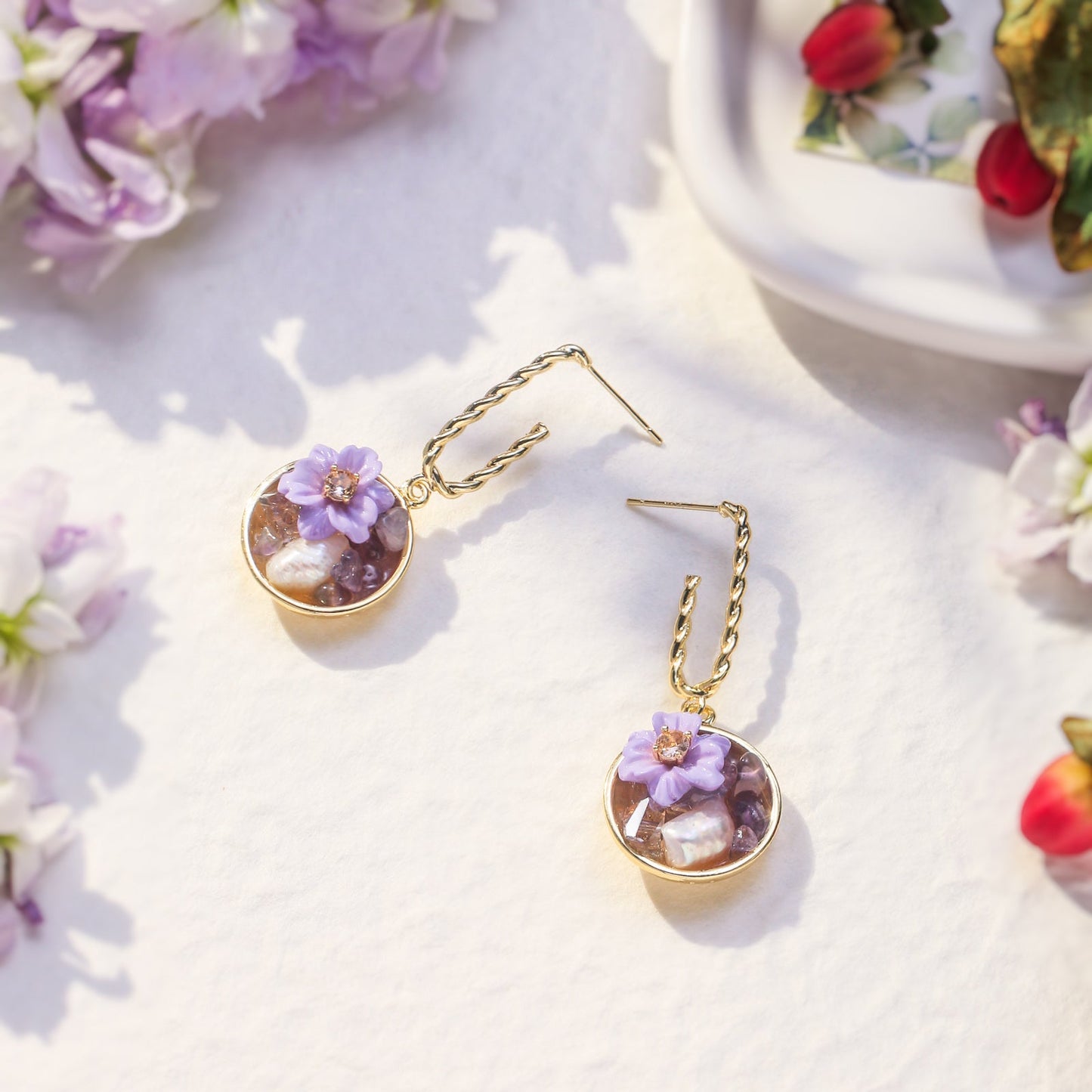 Purple Flower Pearl Earrings