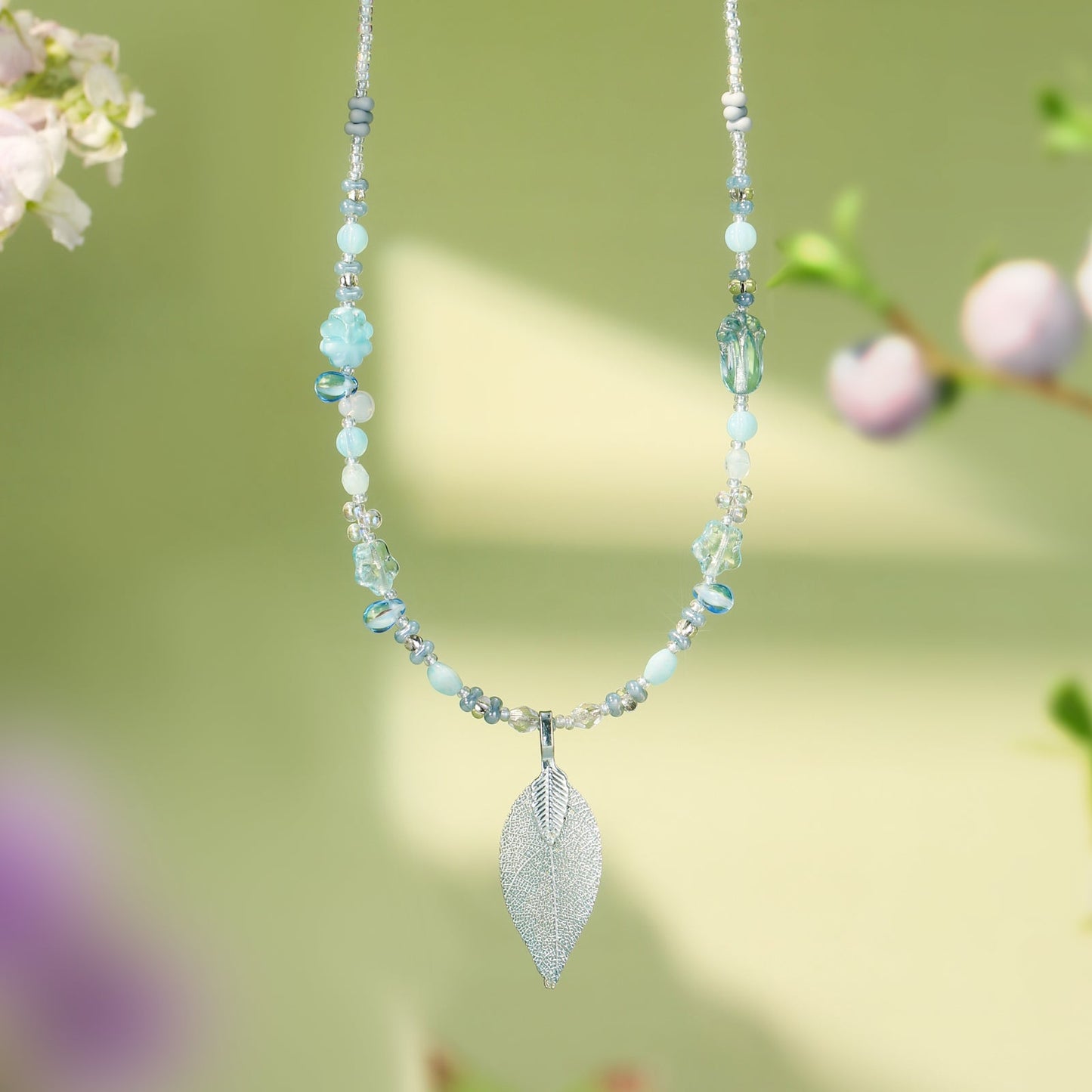 Blue Leaf Bead Necklace