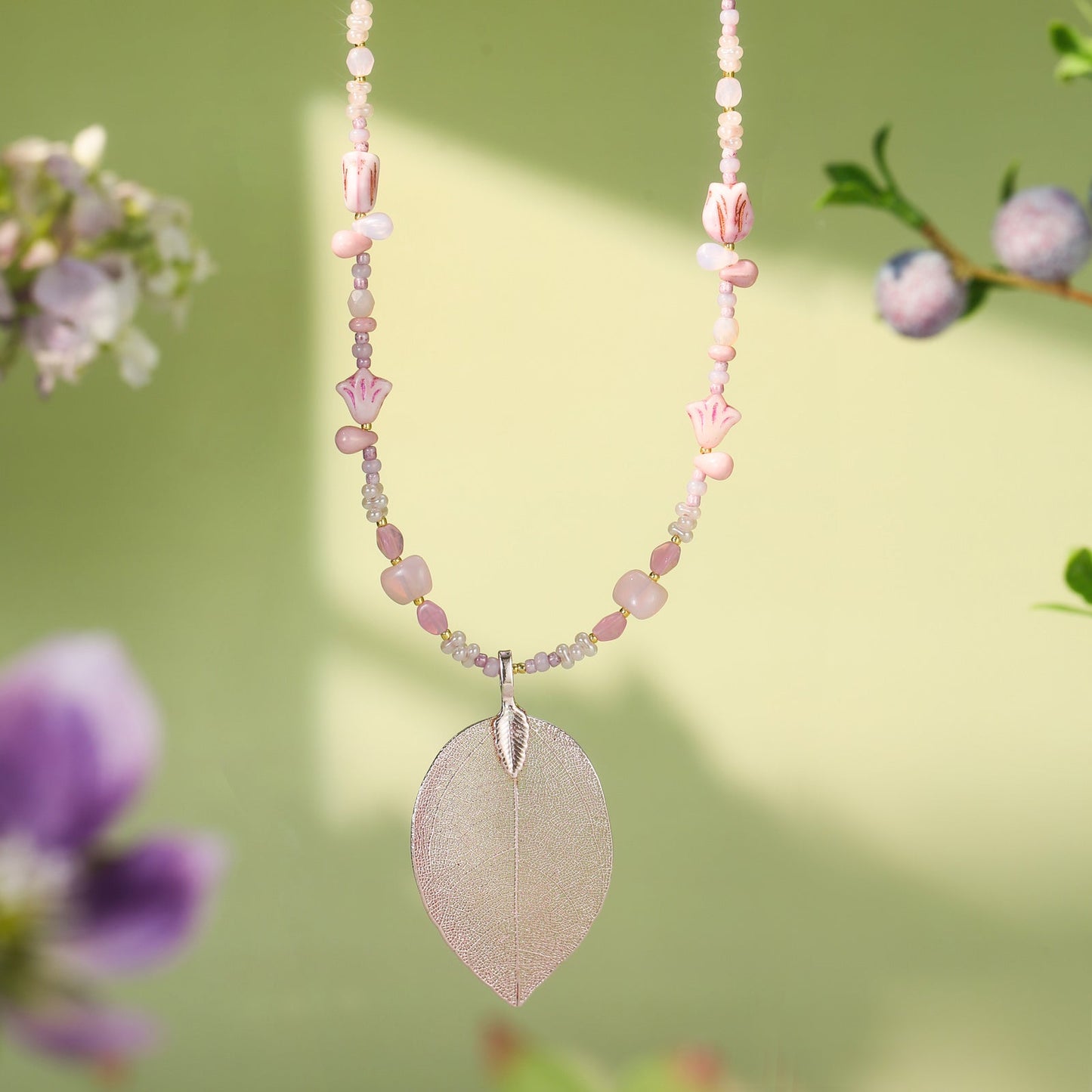 Pink Leaf Bead Necklace