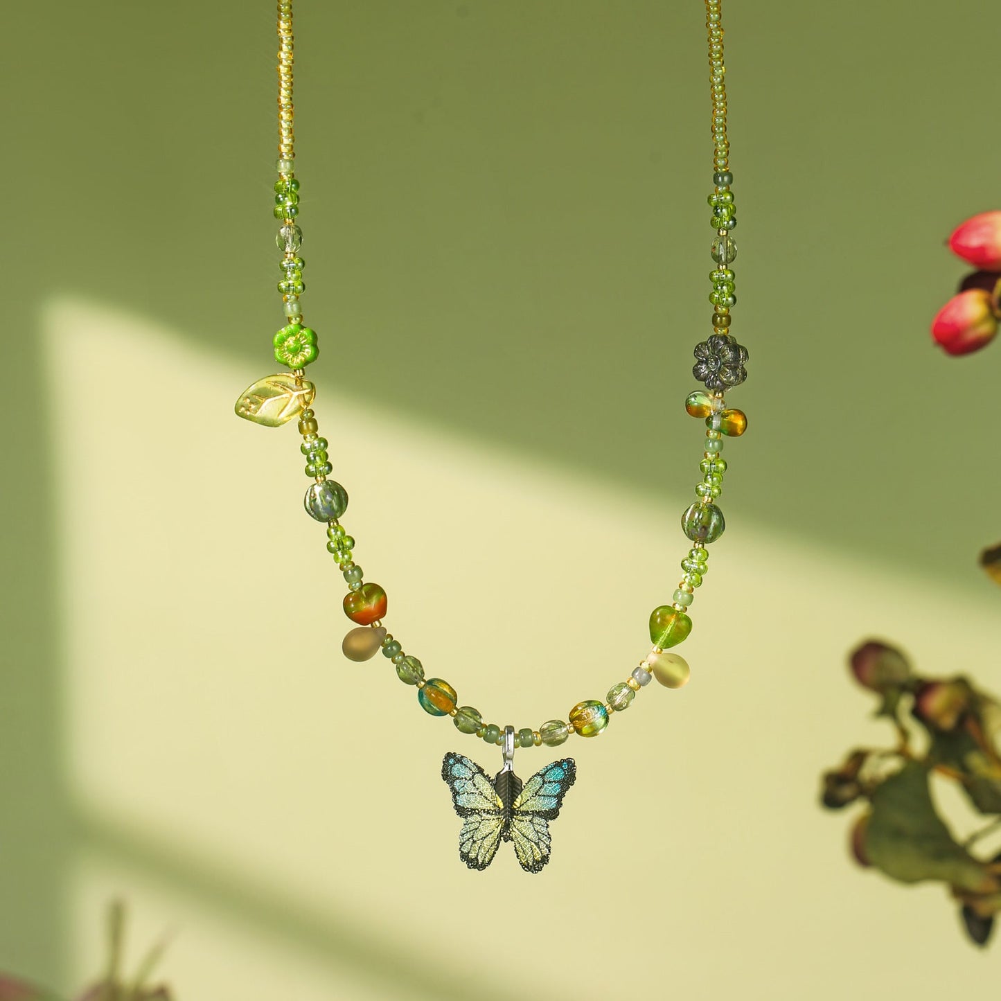 Czech Bead Green Butterfly Necklace