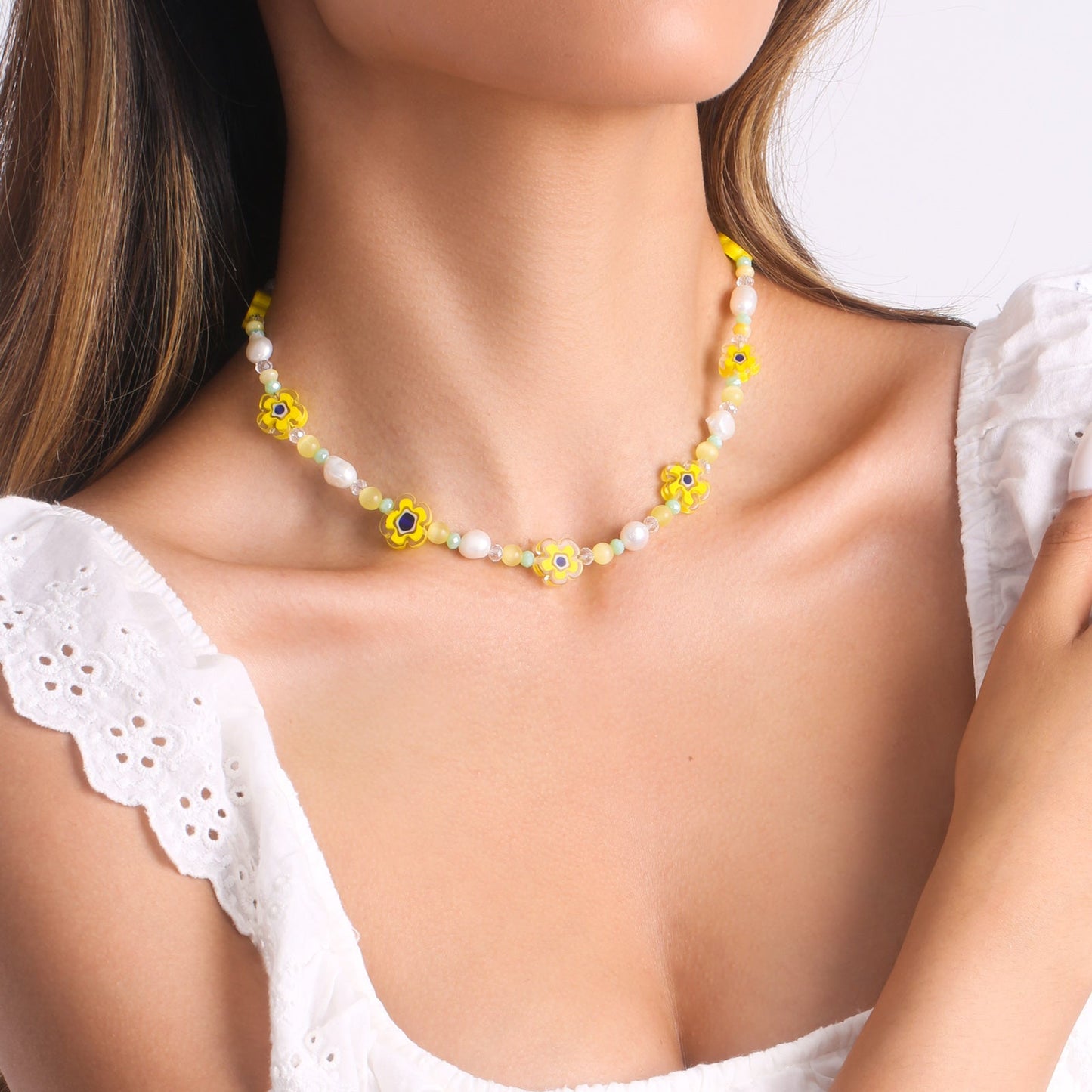 Pearl Yellow Flower Beaded Necklace