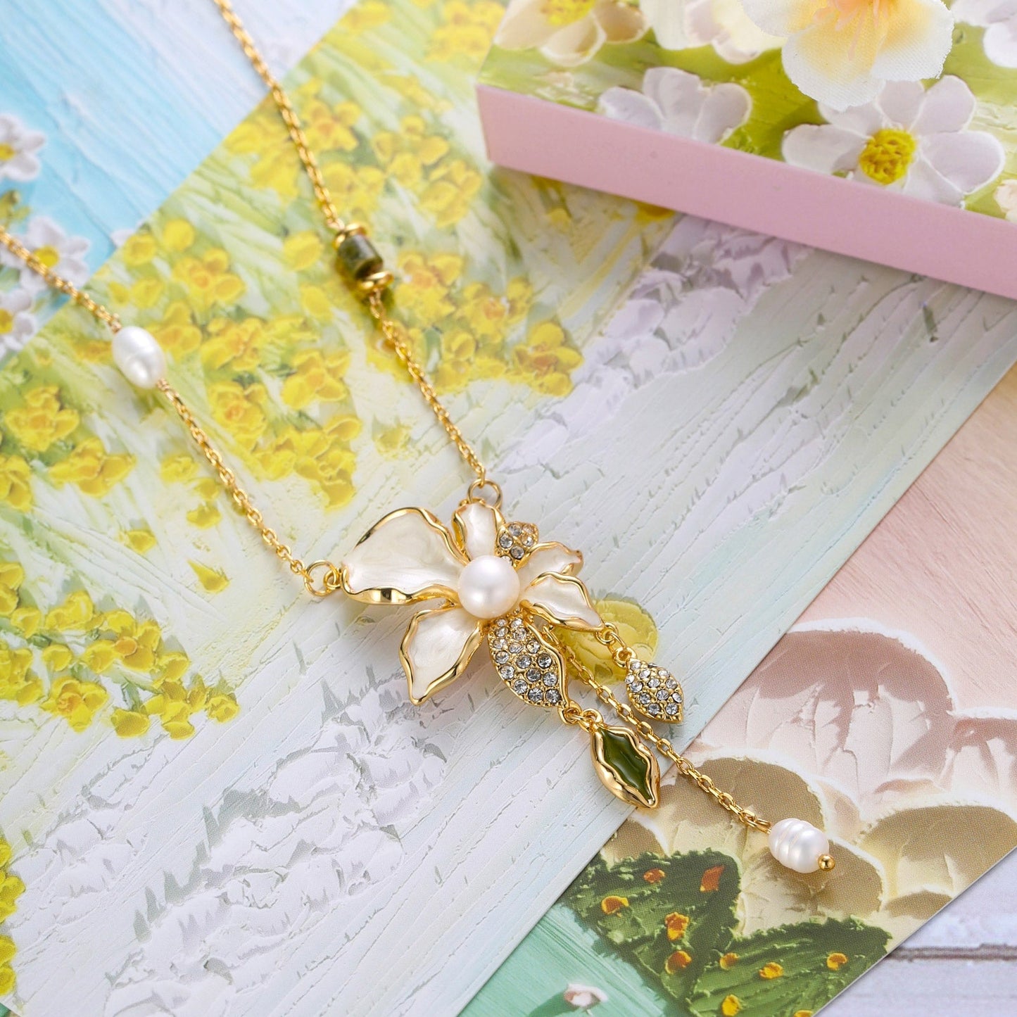 White Iris Flower Pearl Necklace