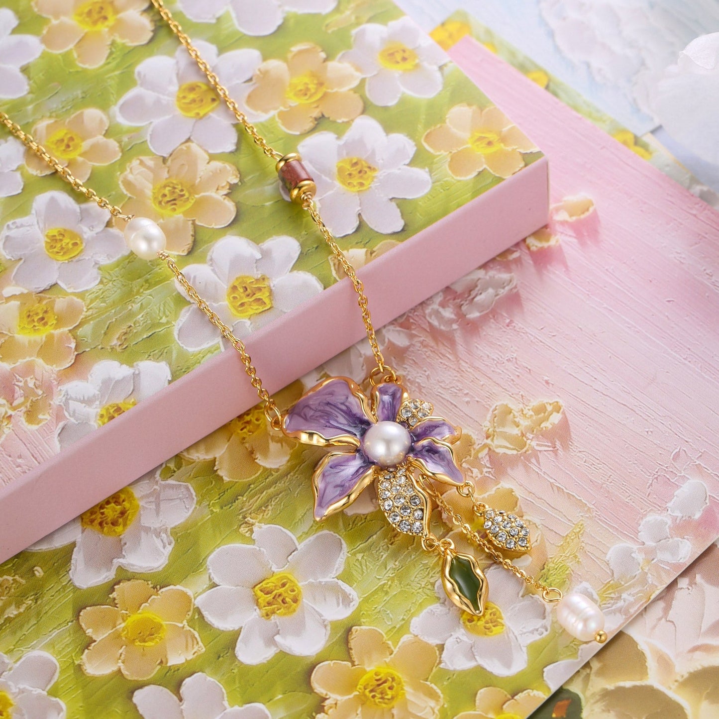 Purple Iris Flower Pearl Necklace