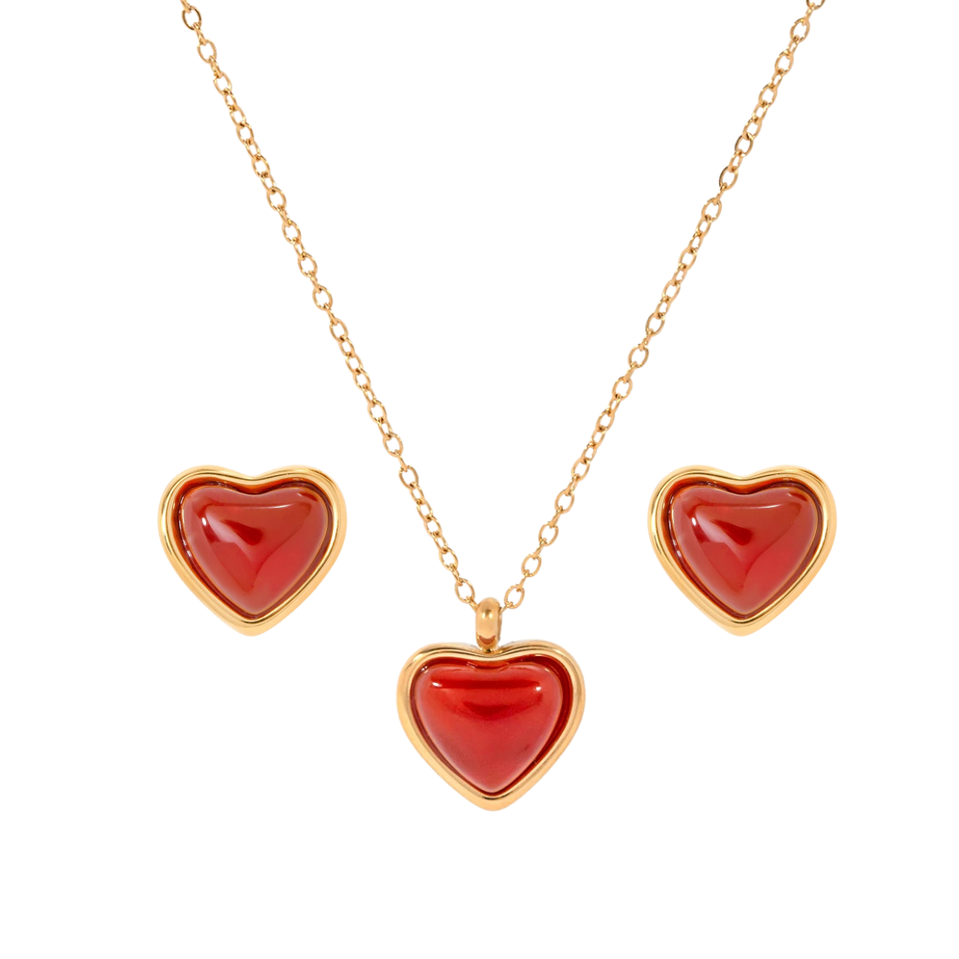 Forever Flame – Red Heart Agate Dainty Necklace + Earrings Set
