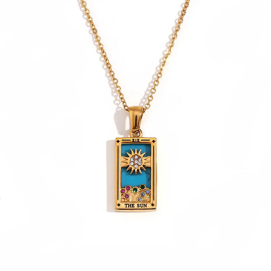 The Sun - Tarot card Dainty 18k Necklace with Blue Enamel