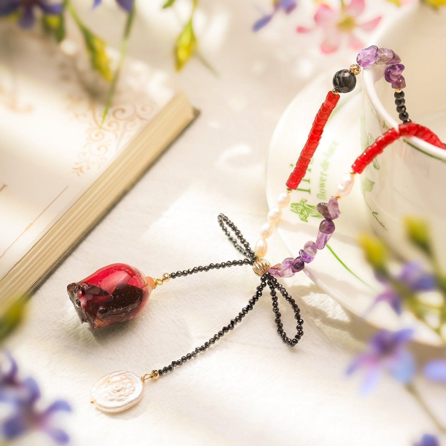 Dried Rose Beaded Necklace