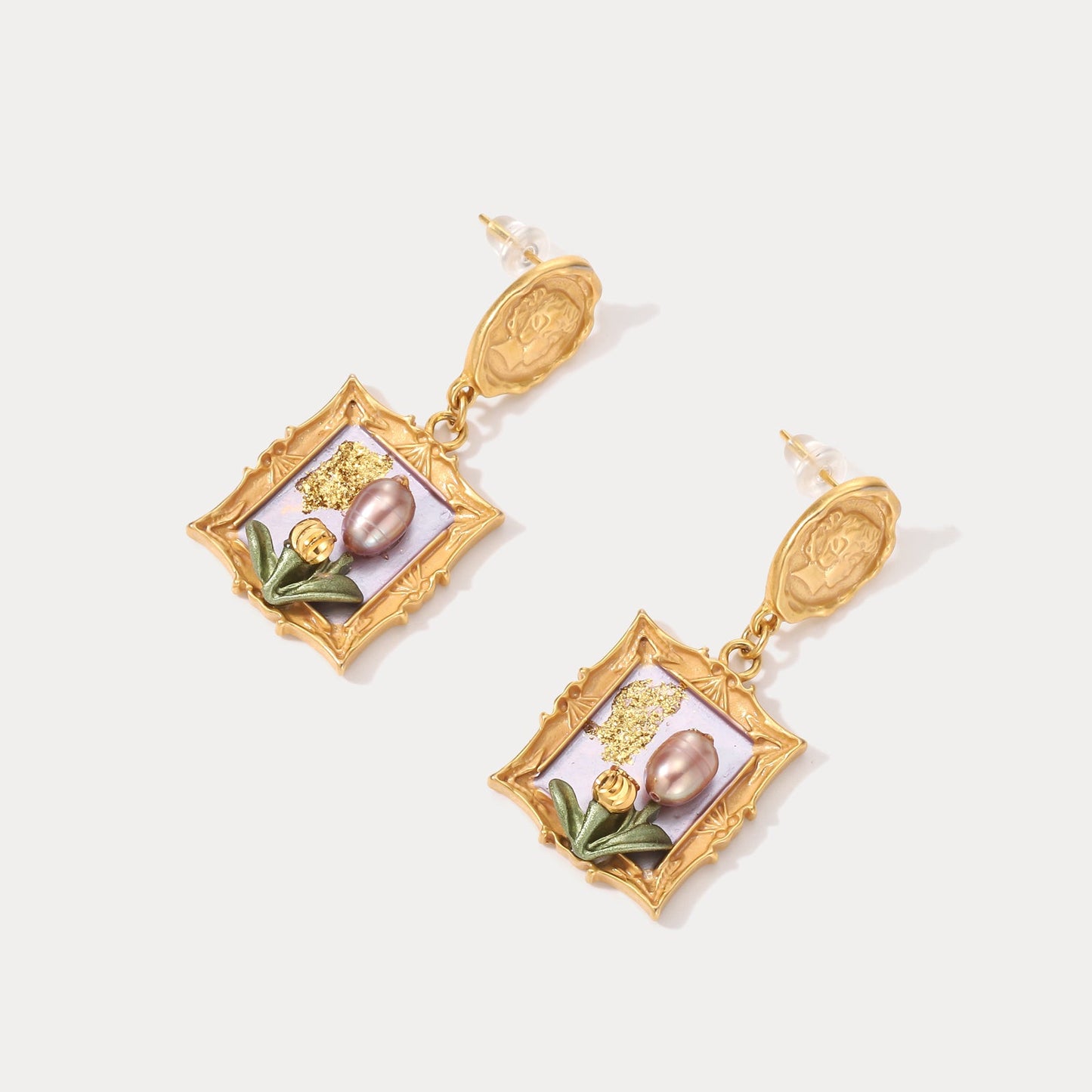 Antique Tulip Oil Painting Earrings