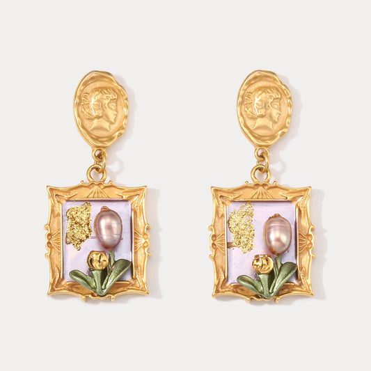 Antique Tulip Oil Painting Earrings
