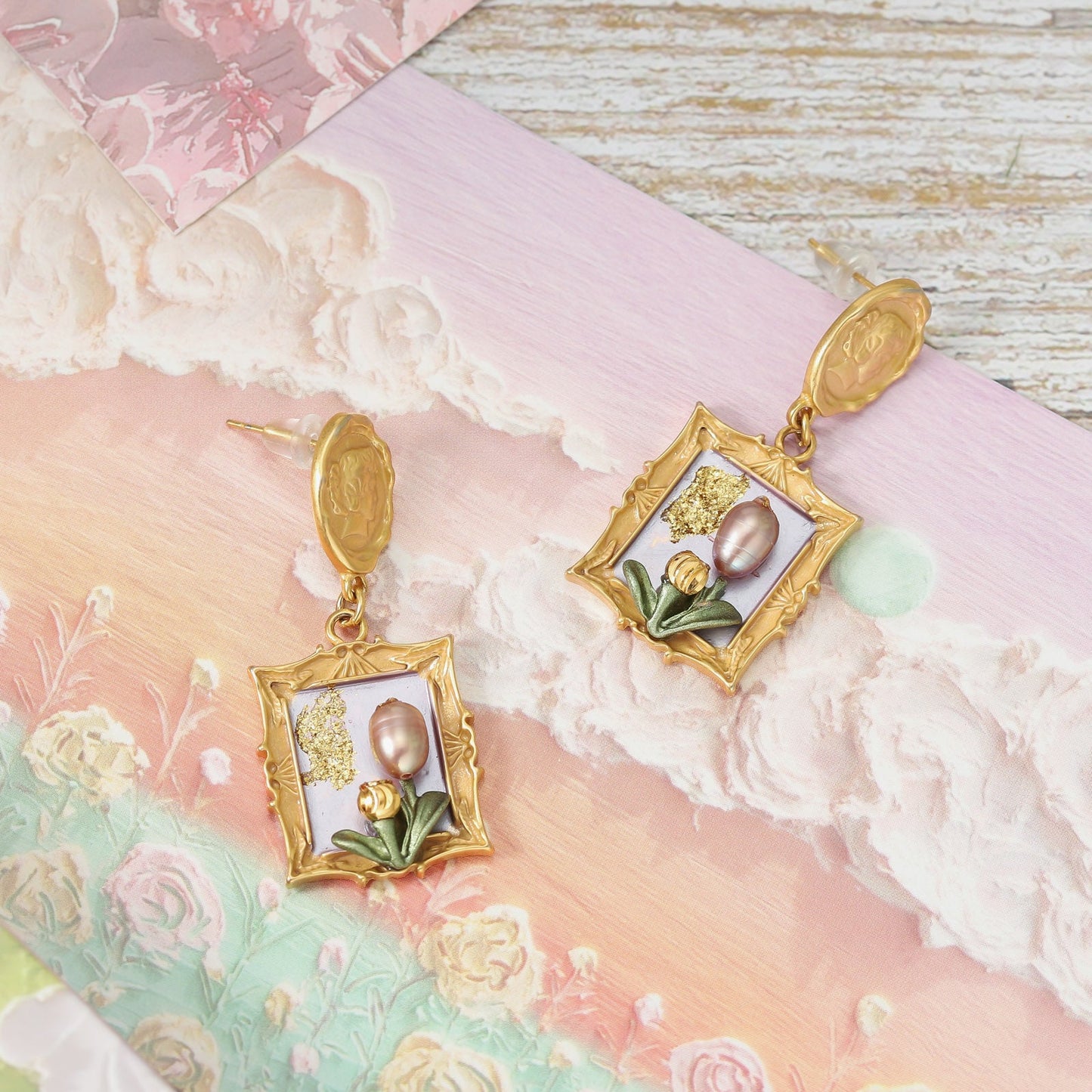 Antique Tulip Oil Painting Earrings