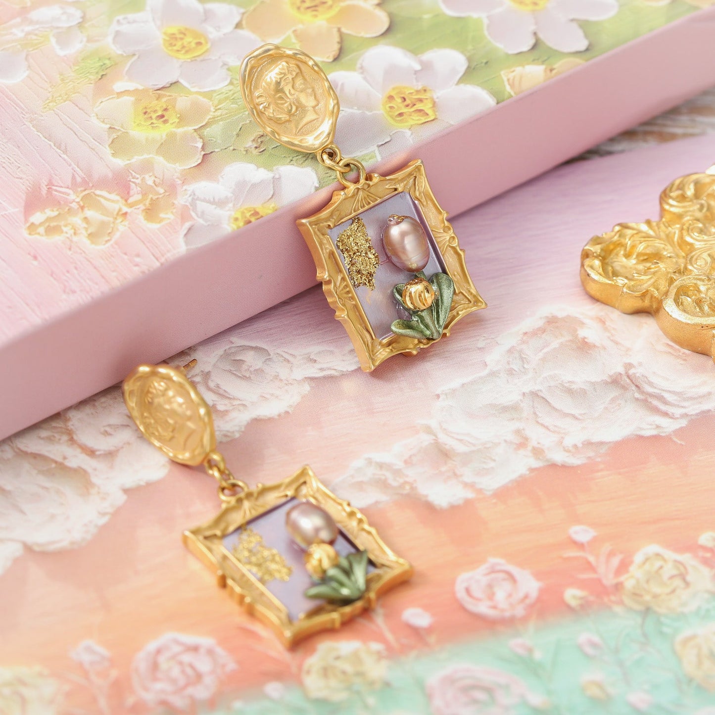 Antique Tulip Oil Painting Earrings