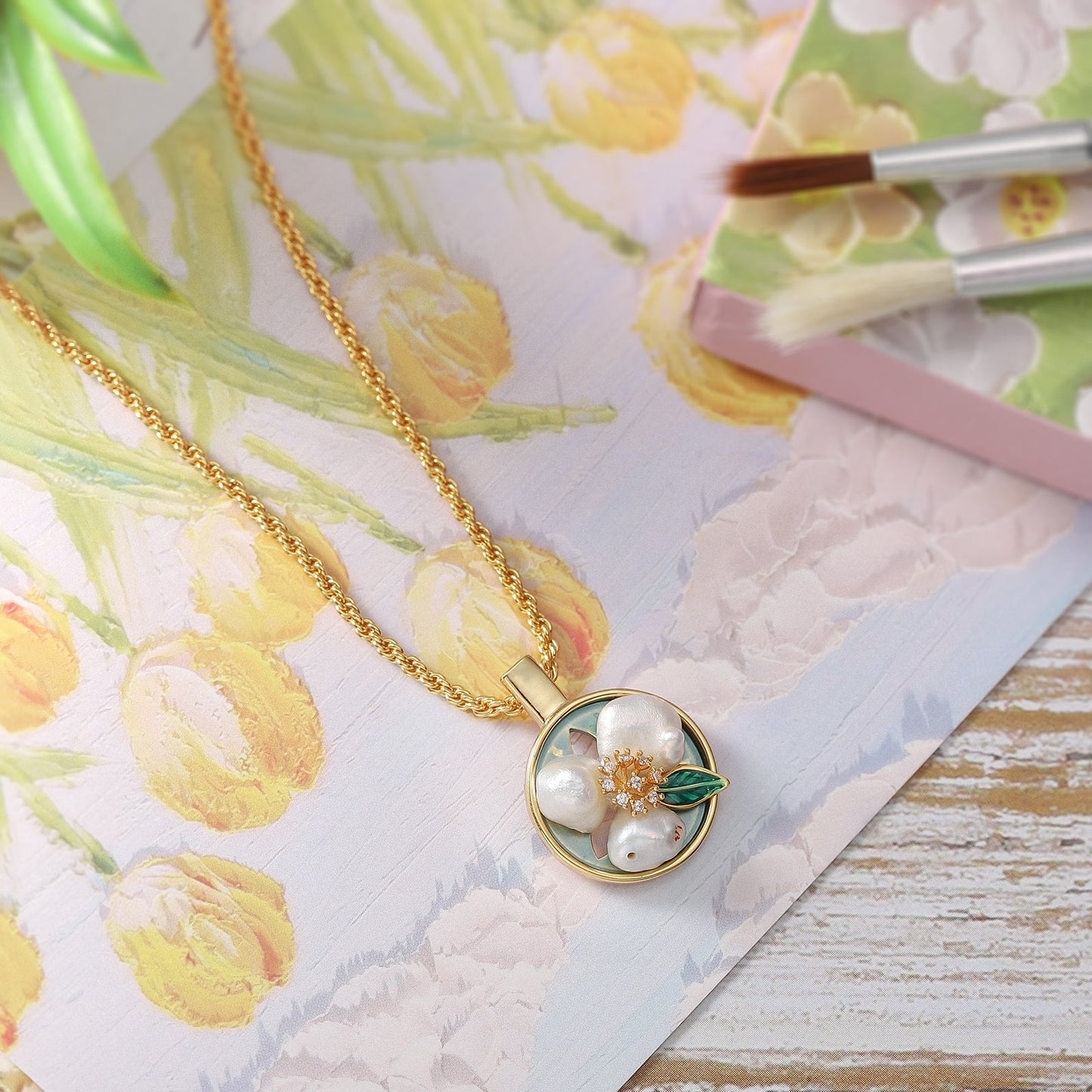 Flower Pearl Oil Painting Necklace