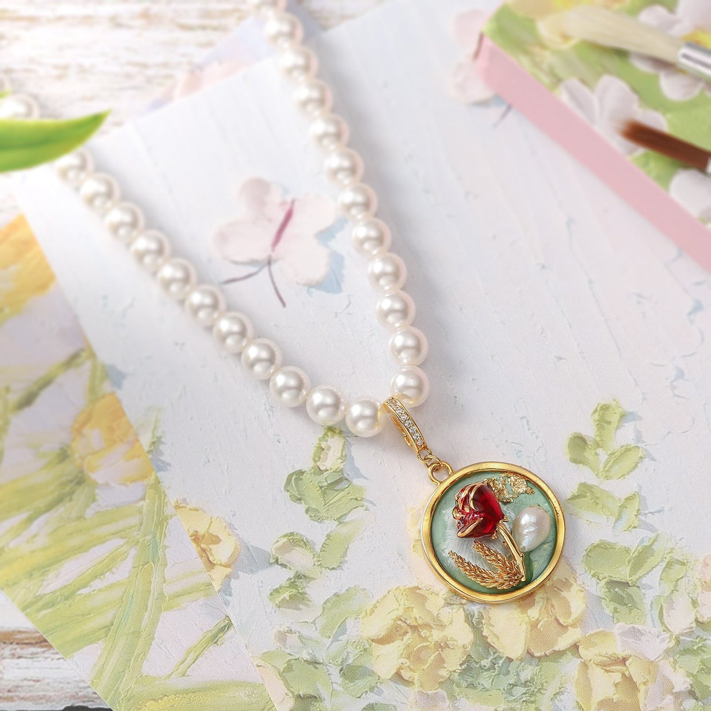 Rose Pendant Oil Painting Necklace