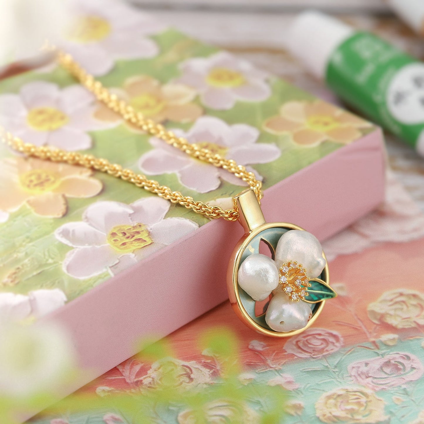 Flower Pearl Oil Painting Necklace