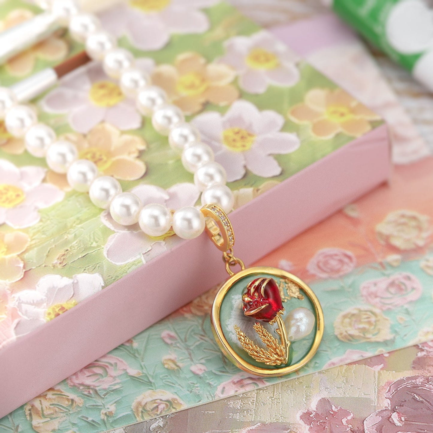 Rose Pendant Oil Painting Necklace
